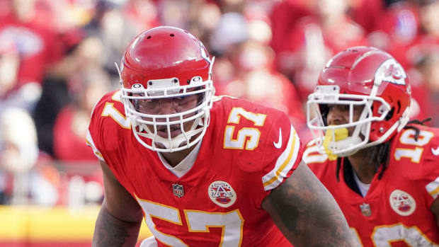 Jan 1, 2023; Kansas City, Missouri, USA; Kansas City Chiefs offensive tackle Orlando Brown Jr. (57) on field against the Denver Broncos during a game at GEHA Field at Arrowhead Stadium. Mandatory Credit: Denny Medley-USA TODAY Sports